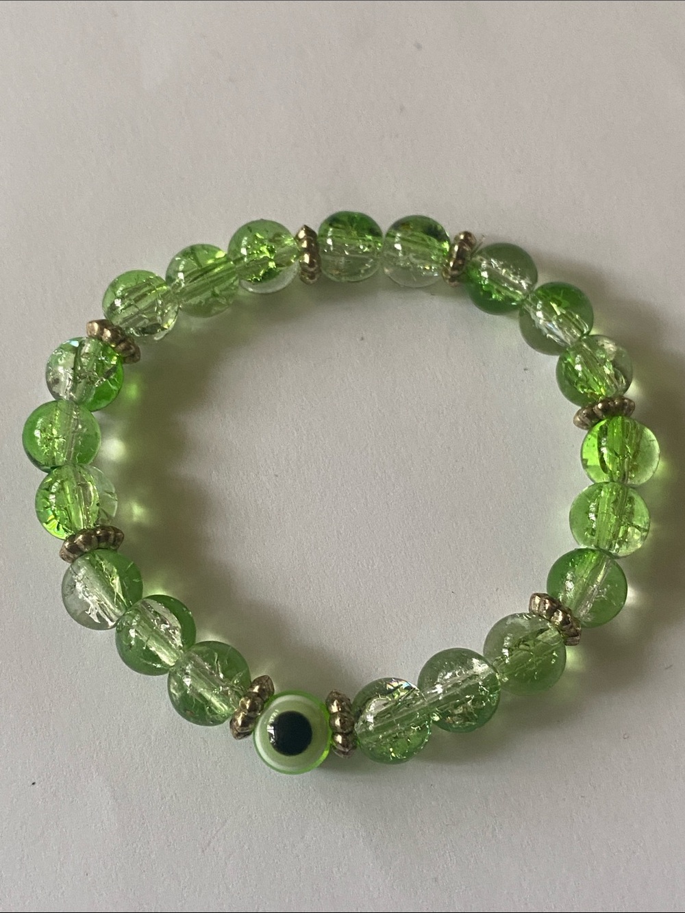 Green glass Beaded Stretch Bracelet with Eye 👁️ Accent